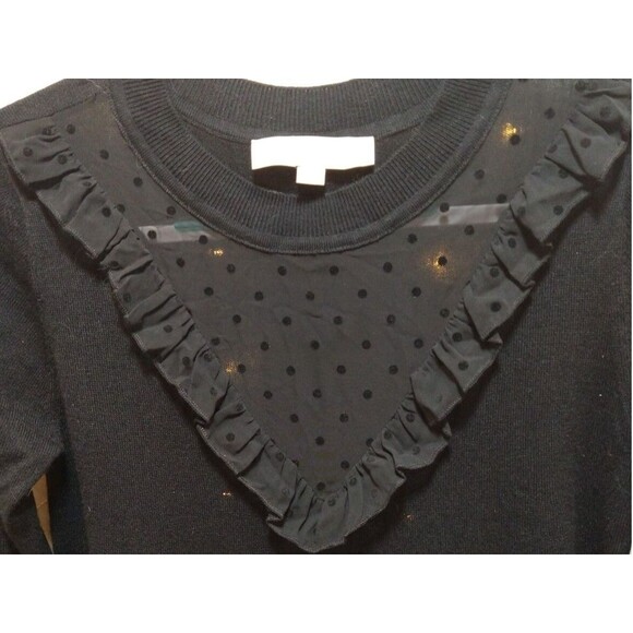 LOFT WOMENS XS BLACK DRESS SWEATER KNIT SHEER POLKA DOTS RIBBED SHIFT RUFFLED - Picture 2 of 7